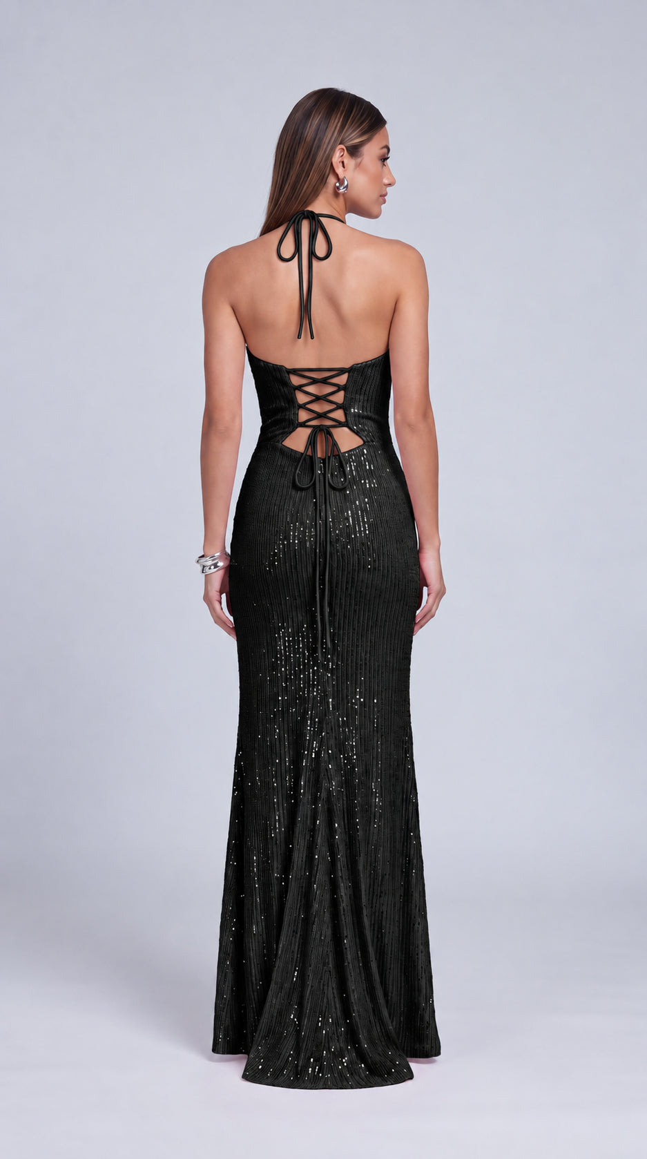 Halter Cowl-Neck Sequin Lace-Up Back Slit Mermaid Gown – Prom & Evening Dress - Black - View 3