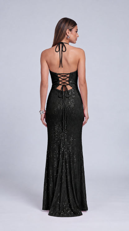 Halter Cowl-Neck Sequin Lace-Up Back Slit Mermaid Gown – Prom & Evening Dress - Black - View 3