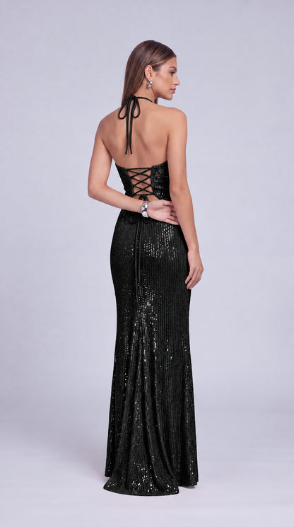 Halter Cowl-Neck Sequin Lace-Up Back Slit Mermaid Gown – Prom & Evening Dress - Black - View 4