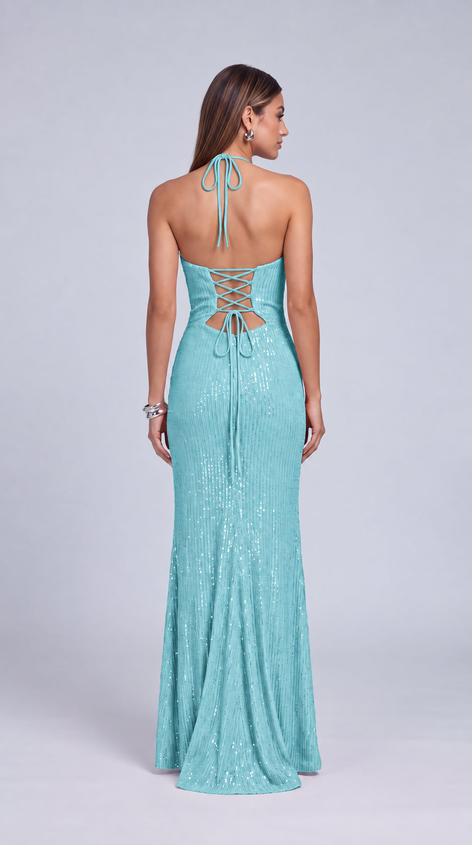 Halter Cowl-Neck Sequin Lace-Up Back Slit Mermaid Gown – Prom & Evening Dress - Light Blue - View 3