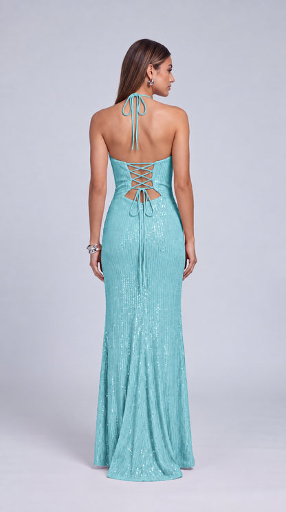 Halter Cowl-Neck Sequin Lace-Up Back Slit Mermaid Gown – Prom & Evening Dress - Light Blue - View 3