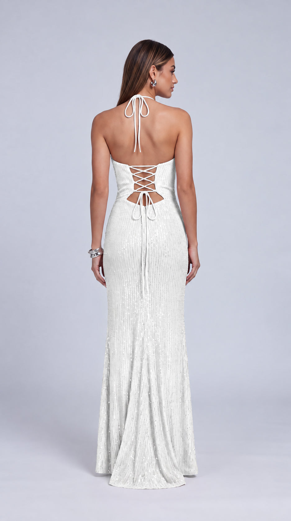 Halter Cowl-Neck Sequin Lace-Up Back Slit Mermaid Gown – Prom & Evening Dress - White - View 3