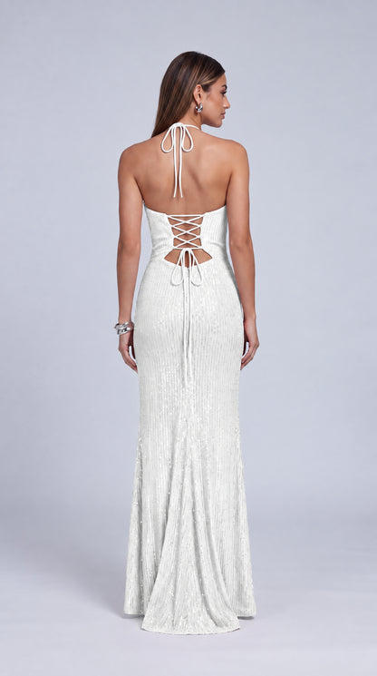 Halter Cowl-Neck Sequin Lace-Up Back Slit Mermaid Gown – Prom & Evening Dress - White - View 3
