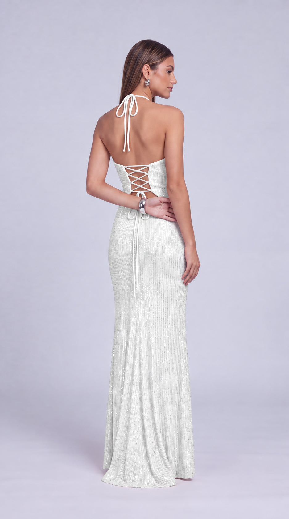 Halter Cowl-Neck Sequin Lace-Up Back Slit Mermaid Gown – Prom & Evening Dress - White - View 4
