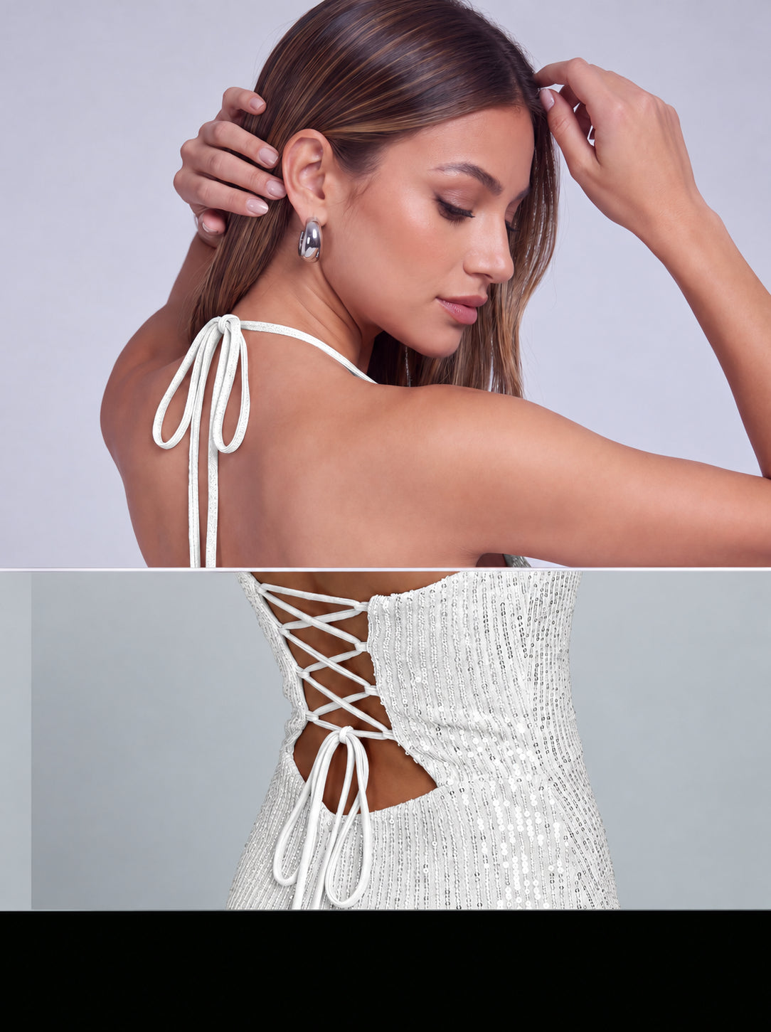 Halter Cowl-Neck Sequin Lace-Up Back Slit Mermaid Gown – Prom & Evening Dress - White - View 5