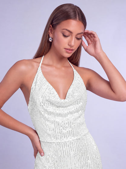 Halter Cowl-Neck Sequin Lace-Up Back Slit Mermaid Gown – Prom & Evening Dress - White - View 6