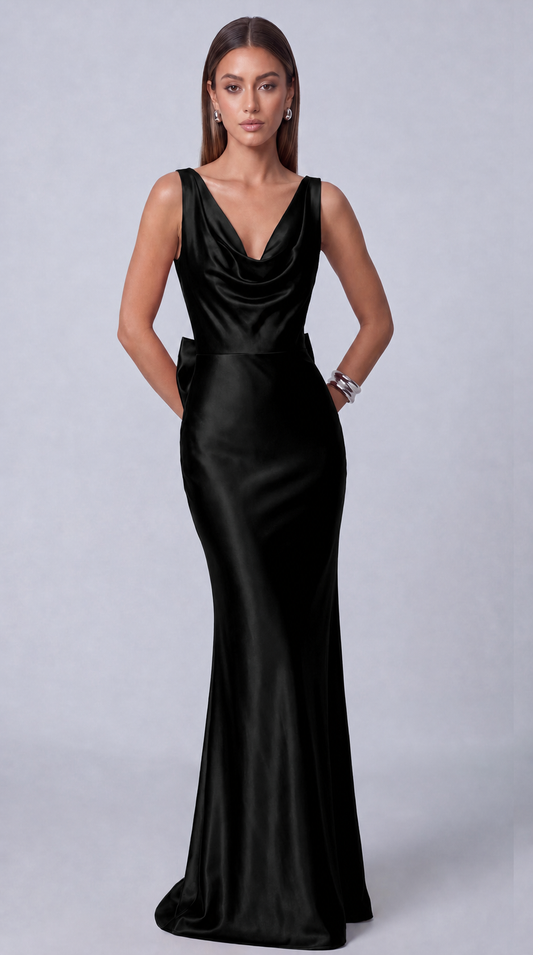 Satin Cowl Neck Mermaid Maxi Dress - Black - view 1