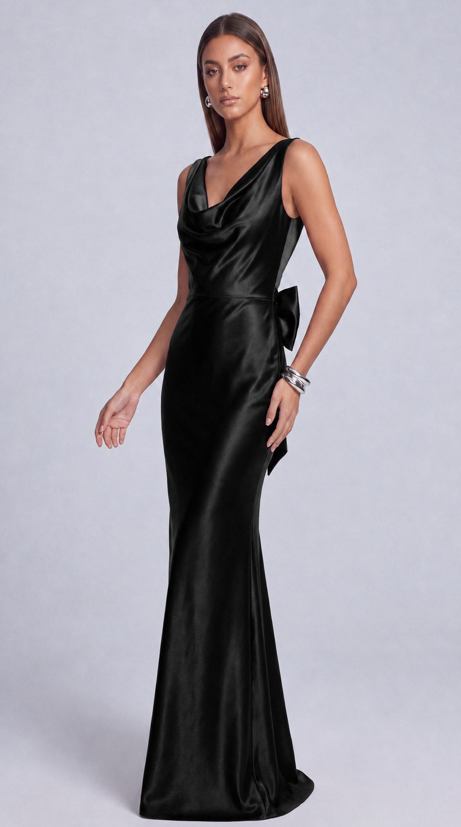 Satin Cowl Neck Mermaid Maxi Dress - Black - view 2