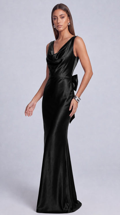 Satin Cowl Neck Mermaid Maxi Dress - Black - view 2