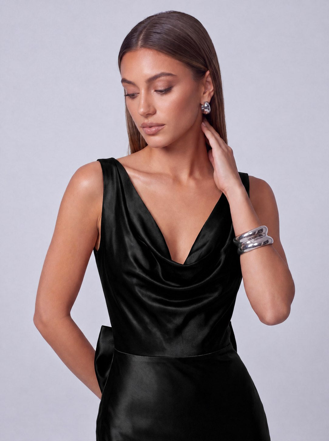Satin Cowl Neck Mermaid Maxi Dress - Black - view 5