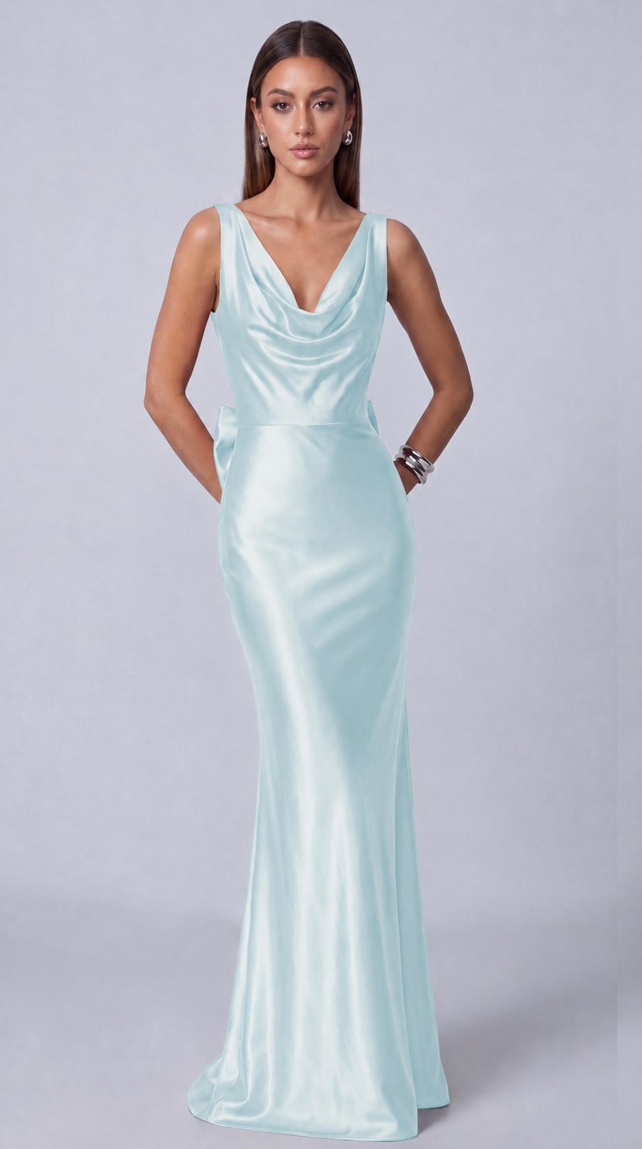 Satin Cowl Neck Mermaid Maxi Dress - Light Blue - view 1