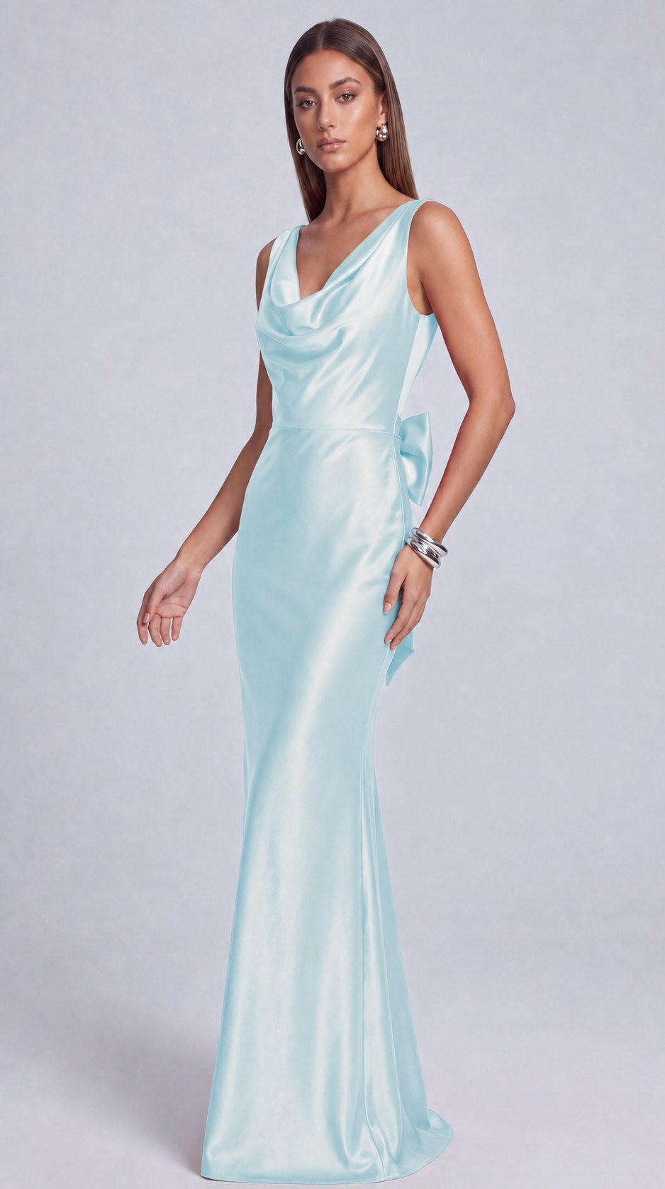 Satin Cowl Neck Mermaid Maxi Dress - Light Blue - view 2