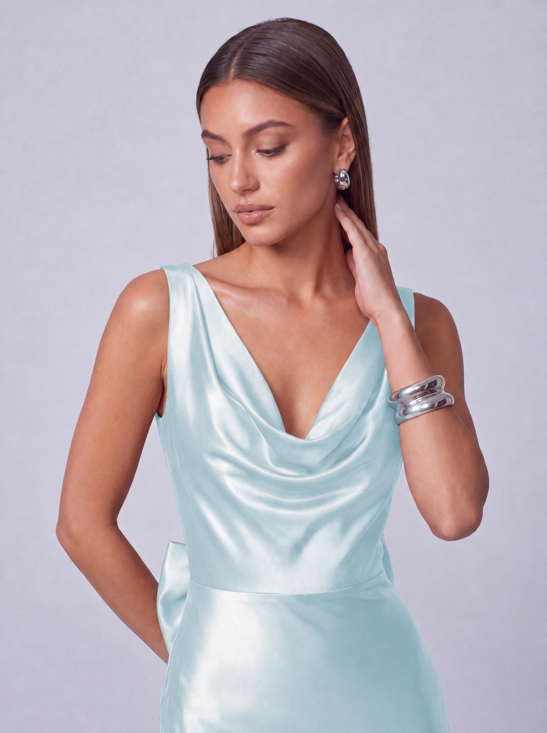 Satin Cowl Neck Mermaid Maxi Dress - Light Blue - view 5