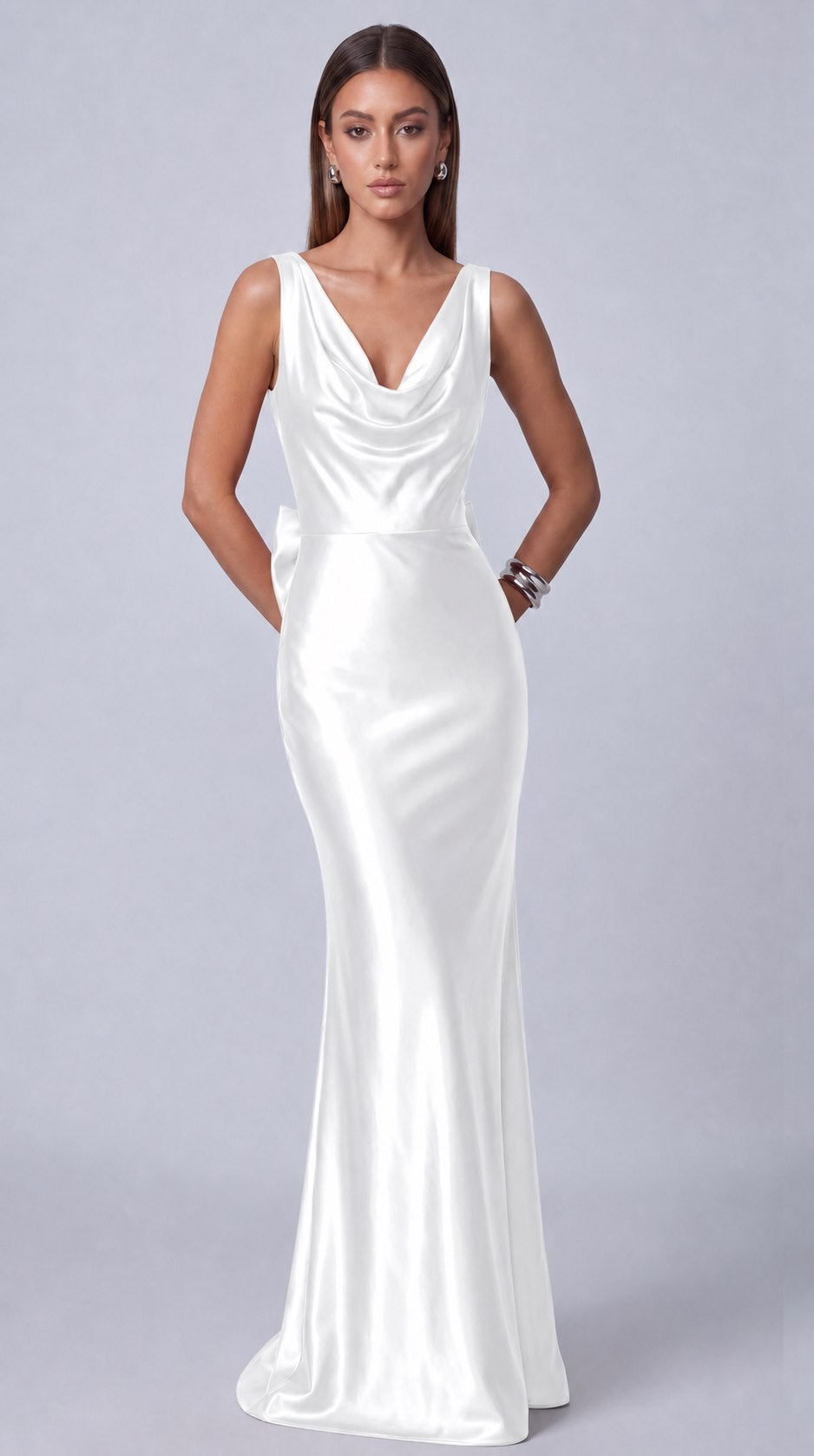 Satin Cowl Neck Mermaid Maxi Dress - White - view 1