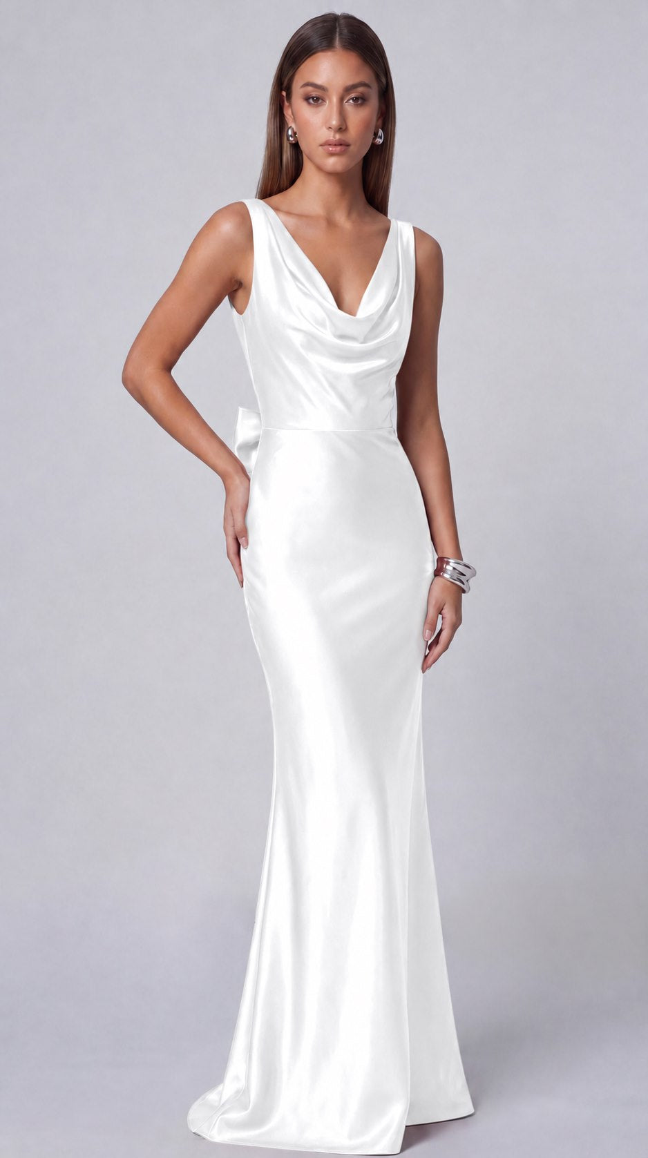 Satin Cowl Neck Mermaid Maxi Dress - White - view 3