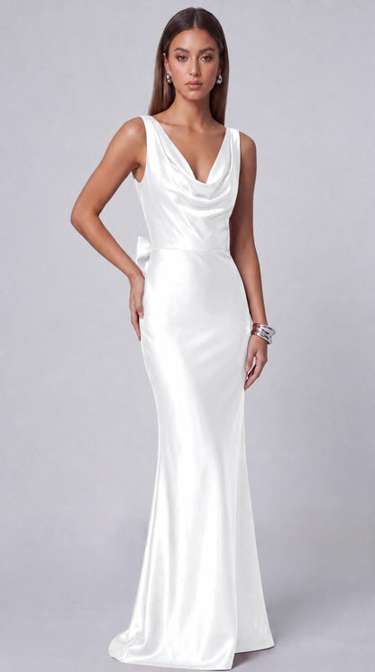 Satin Cowl Neck Mermaid Maxi Dress - White - view 3