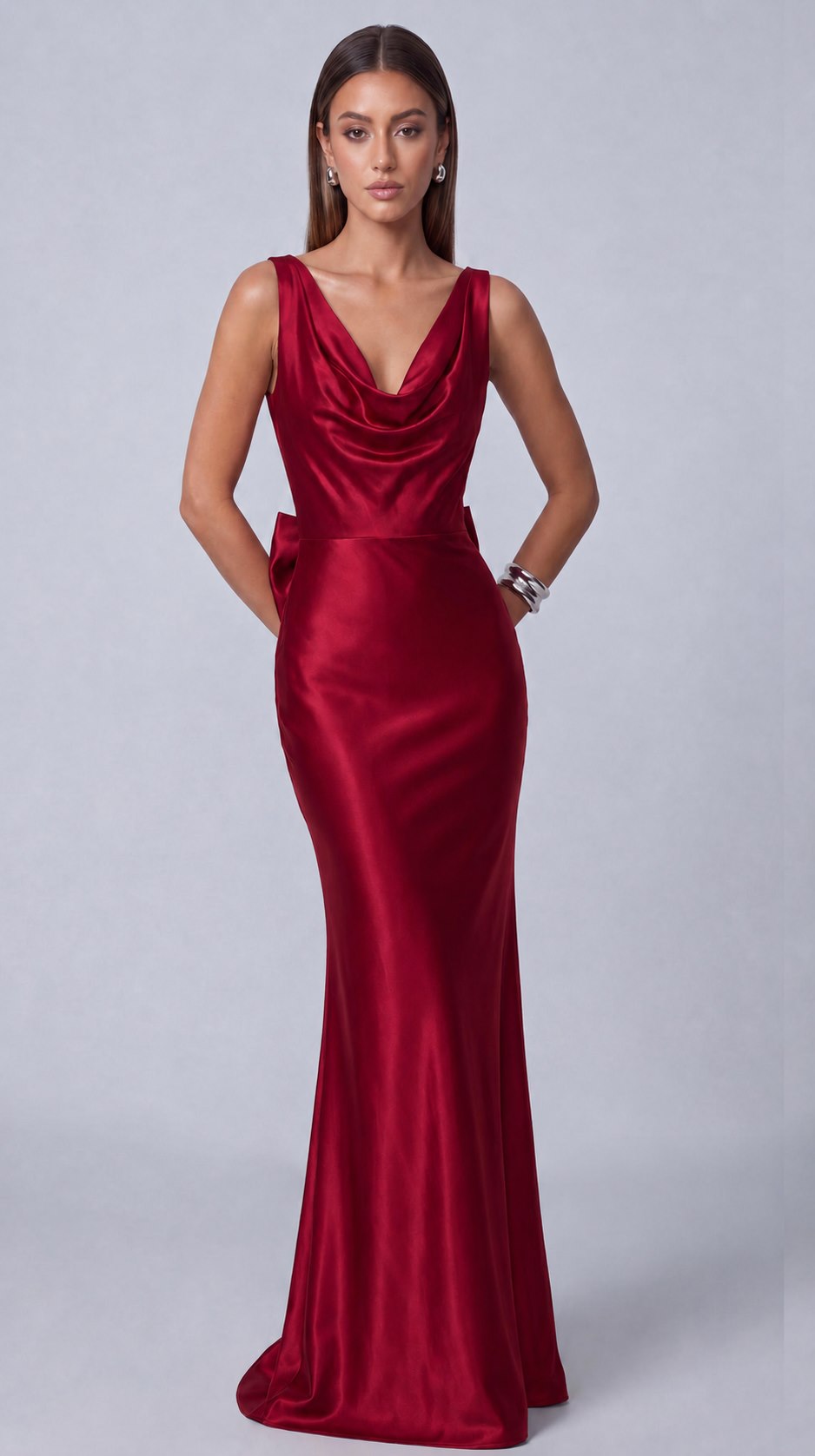 Satin Cowl Neck Mermaid Maxi Dress - Wine Red - view 1