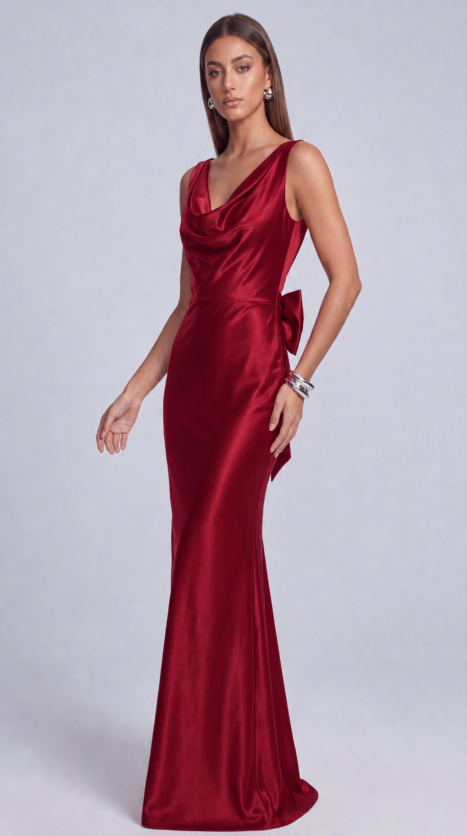 Satin Cowl Neck Mermaid Maxi Dress - Wine Red - view 2