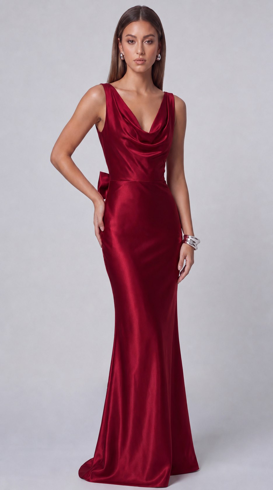 Satin Cowl Neck Mermaid Maxi Dress - Wine Red - view 3