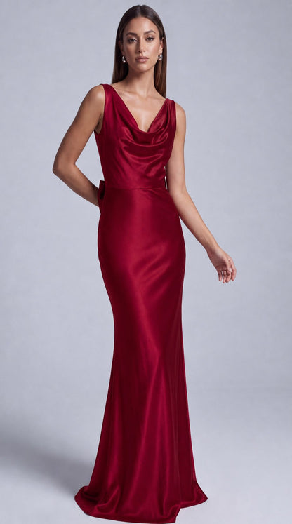 Satin Cowl Neck Mermaid Maxi Dress - Wine Red - view 4