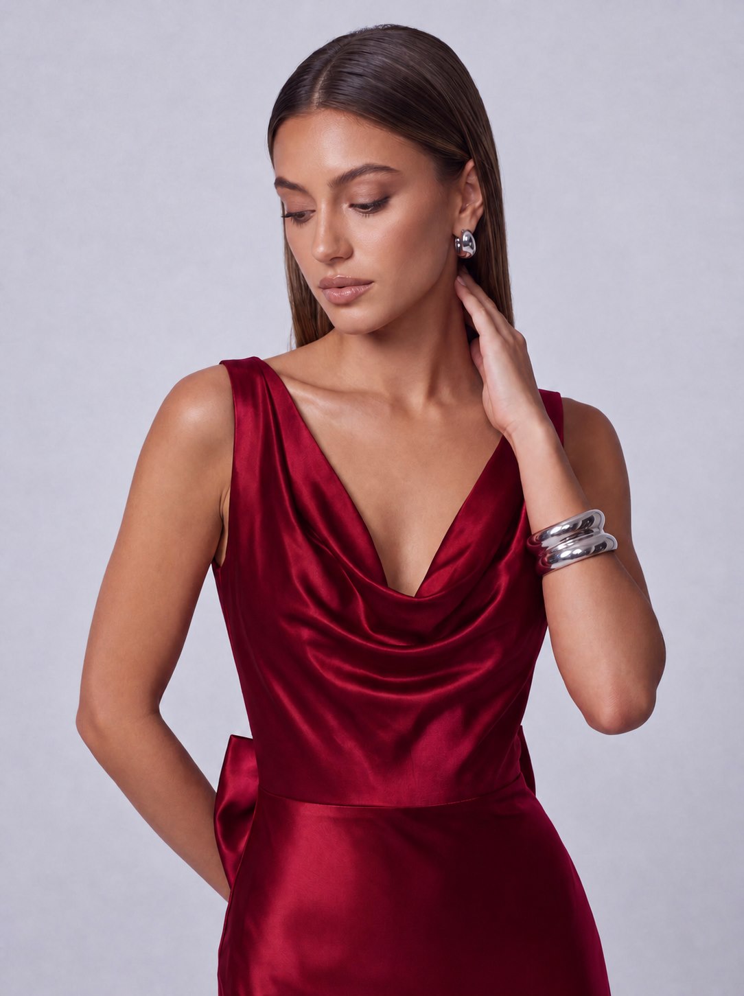 Satin Cowl Neck Mermaid Maxi Dress - Wine Red - view 5