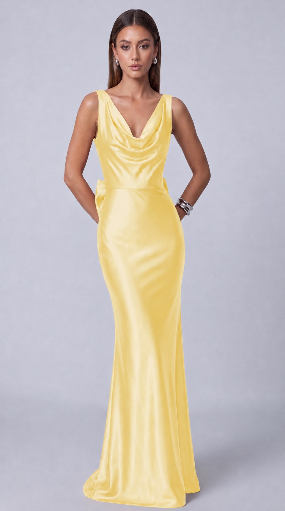Satin Cowl Neck Mermaid Maxi Dress - Yellow - view 1