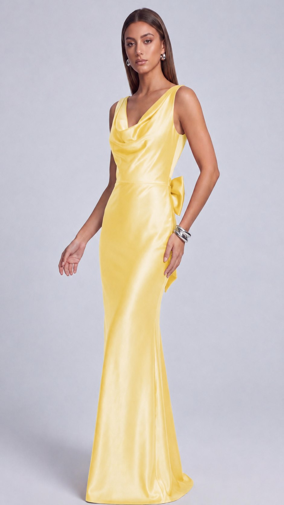 Satin Cowl Neck Mermaid Maxi Dress - Yellow - view 2