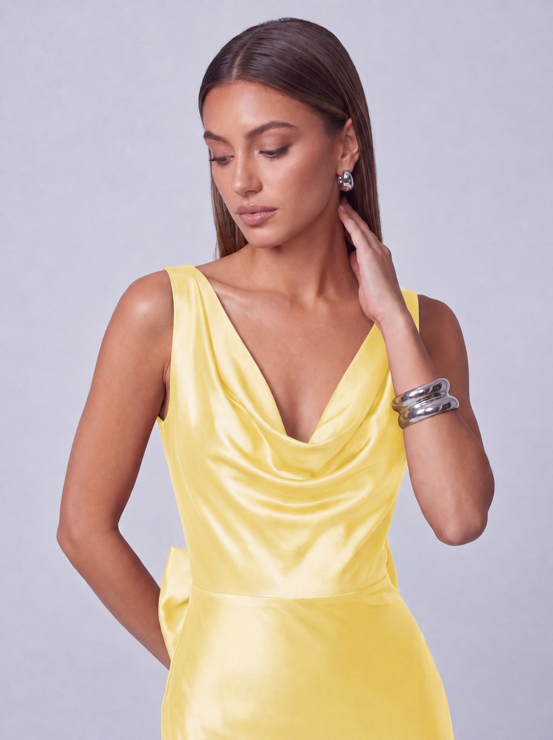 Satin Cowl Neck Mermaid Maxi Dress - Yellow - view 5
