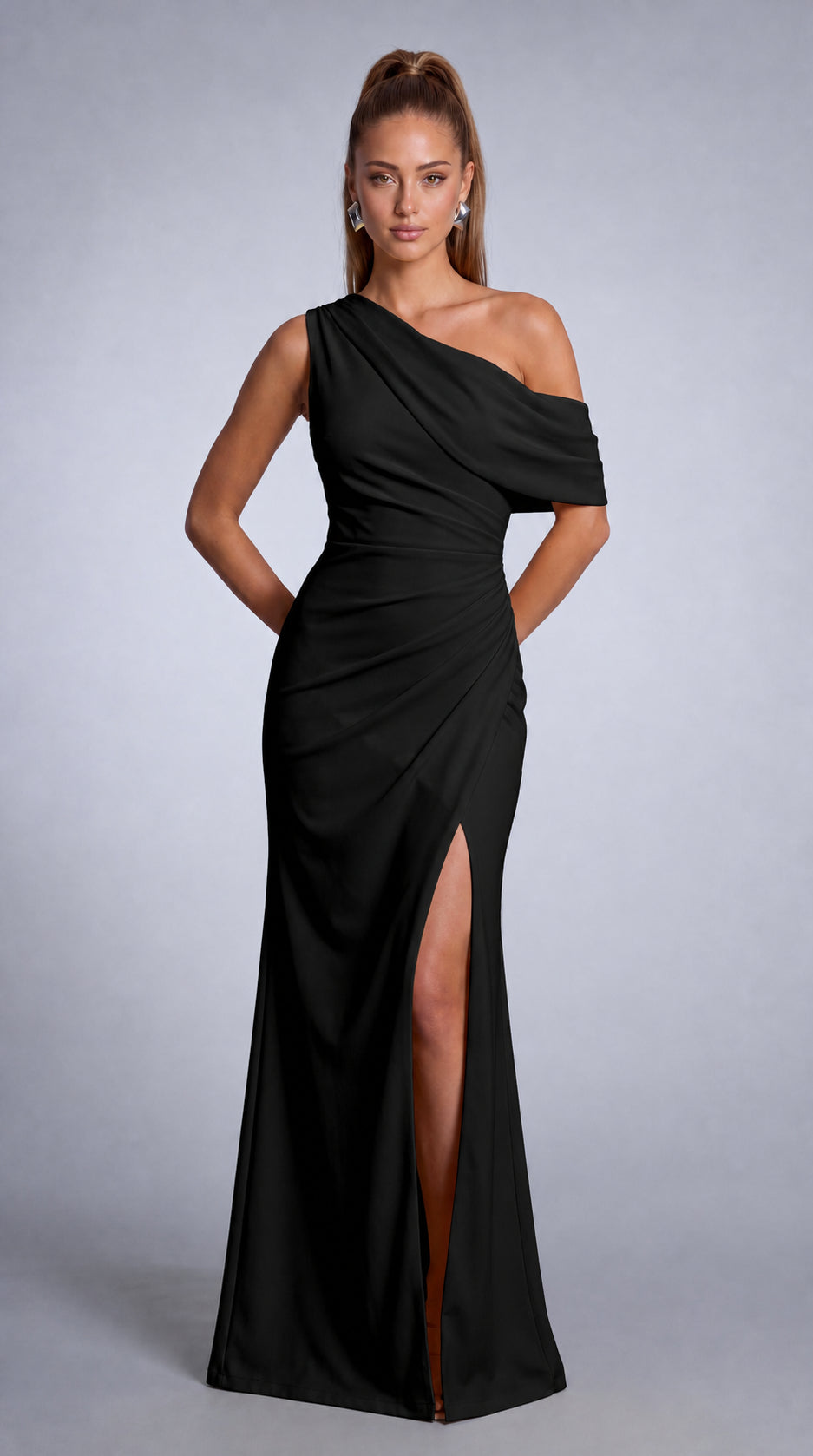 One-Shoulder Draped Ruched Slit Mermaid Maxi Dress – Prom & Evening Gown - Black - View 2