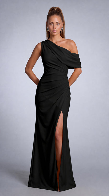 One-Shoulder Draped Ruched Slit Mermaid Maxi Dress – Prom & Evening Gown - Black - View 2