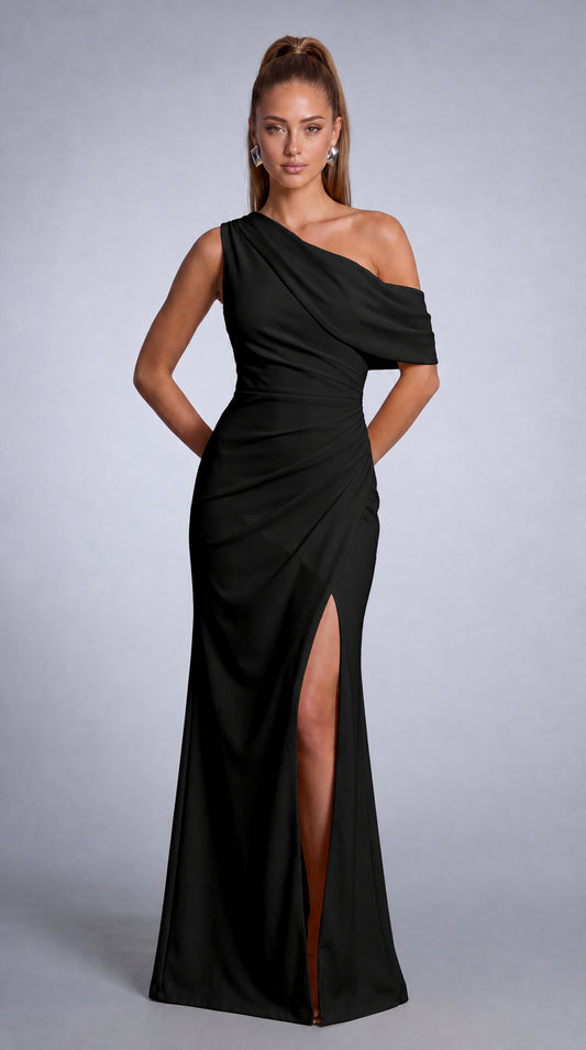 One-Shoulder Draped Ruched Slit Mermaid Maxi Dress – Prom & Evening Gown - Black - View 2