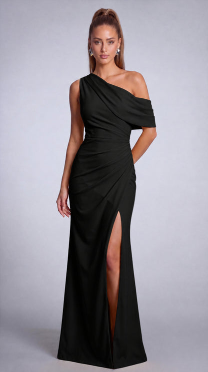 One-Shoulder Draped Ruched Slit Mermaid Maxi Dress – Prom & Evening Gown - Black - View 3