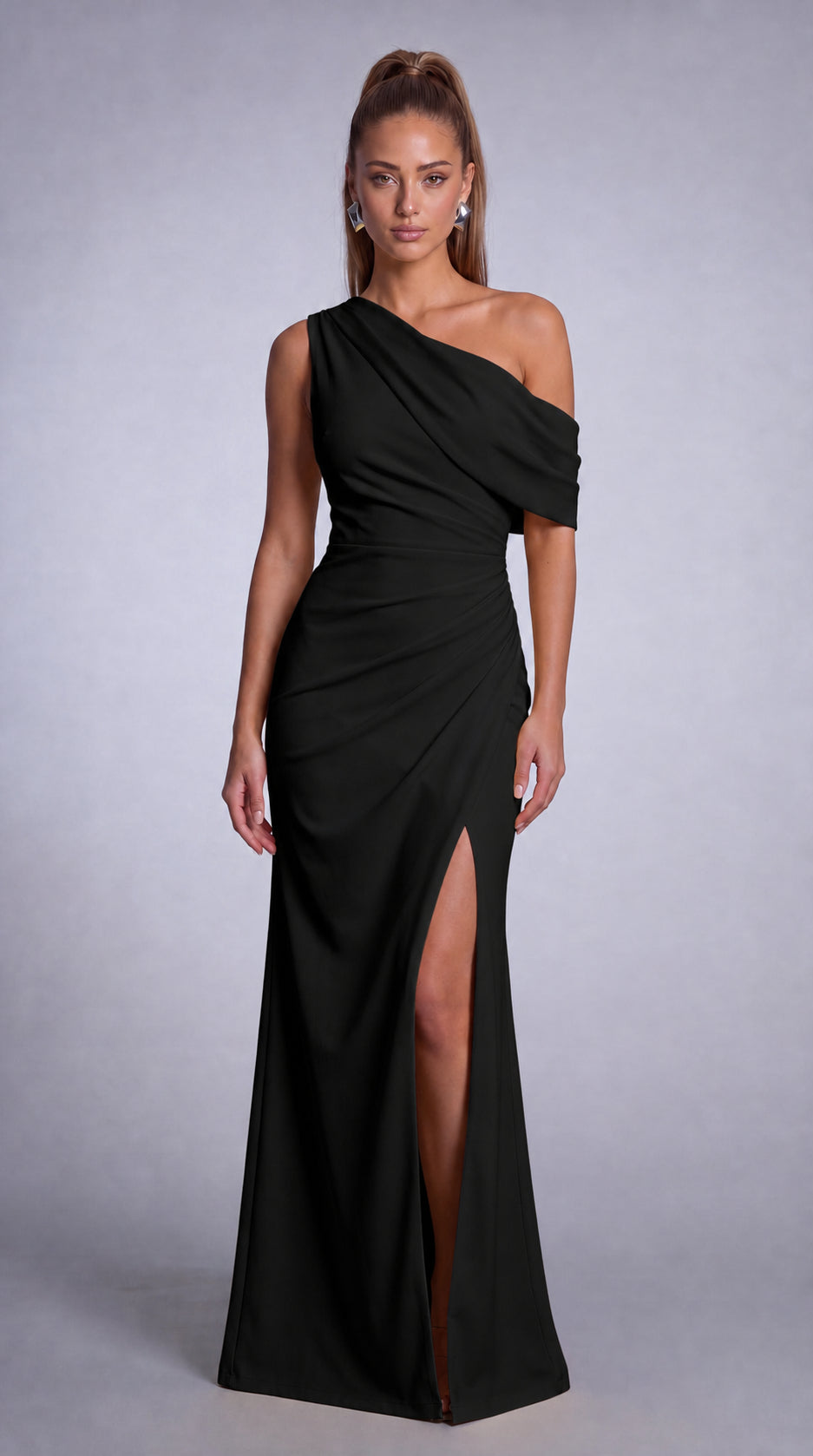 One-Shoulder Draped Ruched Slit Mermaid Maxi Dress – Prom & Evening Gown - Black - View 4
