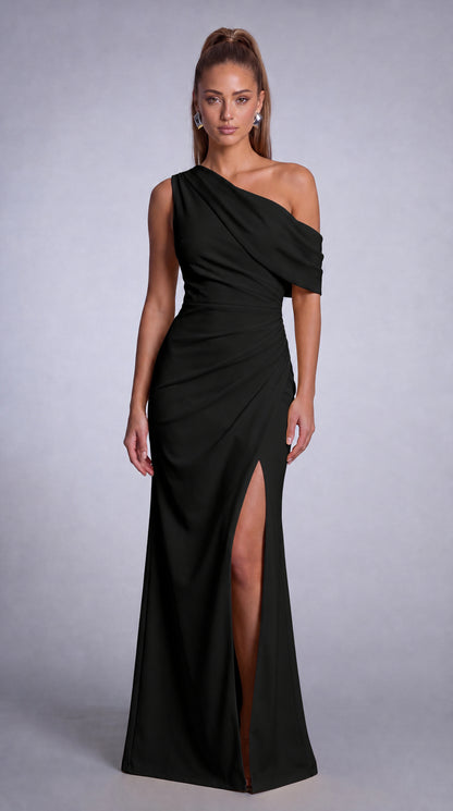 One-Shoulder Draped Ruched Slit Mermaid Maxi Dress – Prom & Evening Gown - Black - View 4
