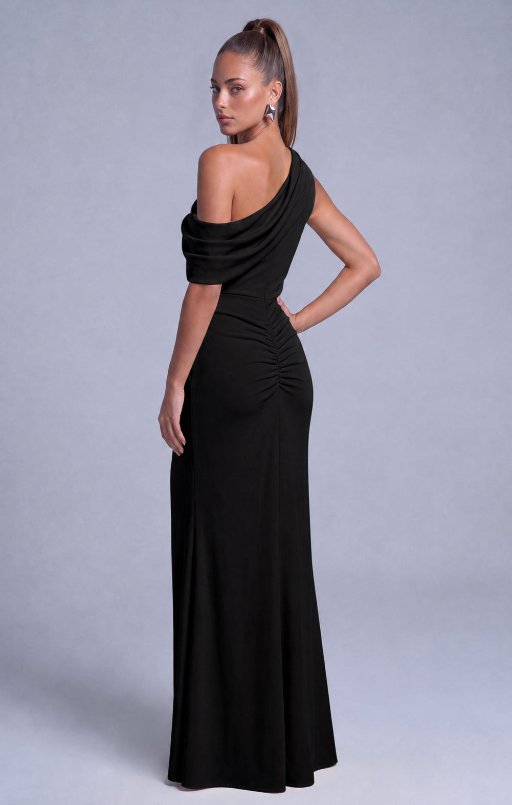 One-Shoulder Draped Ruched Slit Mermaid Maxi Dress – Prom & Evening Gown - Black - View 6