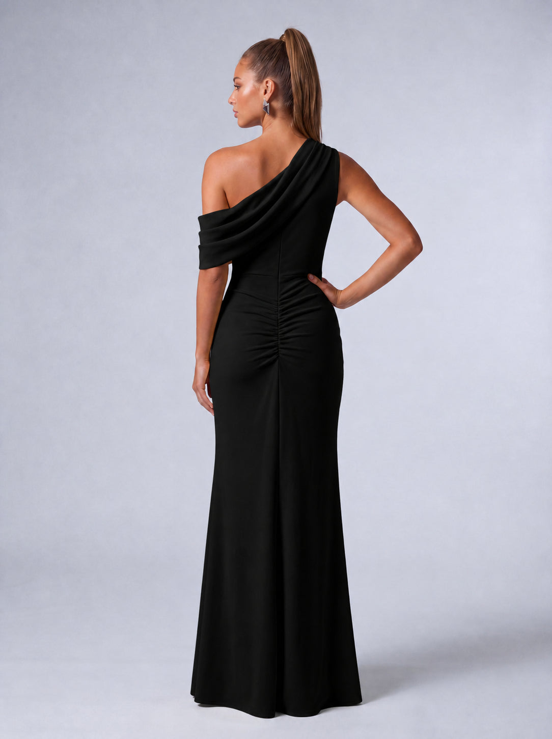 One-Shoulder Draped Ruched Slit Mermaid Maxi Dress – Prom & Evening Gown - Black - View 7