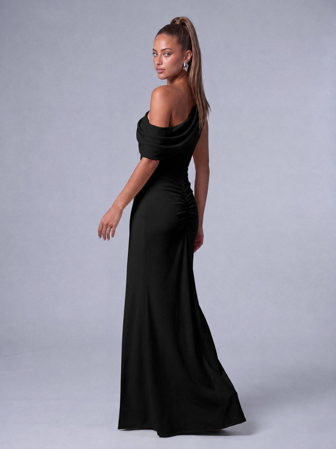 One-Shoulder Draped Ruched Slit Mermaid Maxi Dress – Prom & Evening Gown - Black - View 8