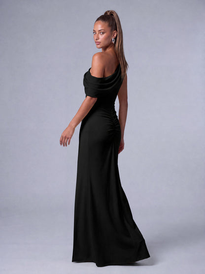 One-Shoulder Draped Ruched Slit Mermaid Maxi Dress – Prom & Evening Gown - Black - View 8