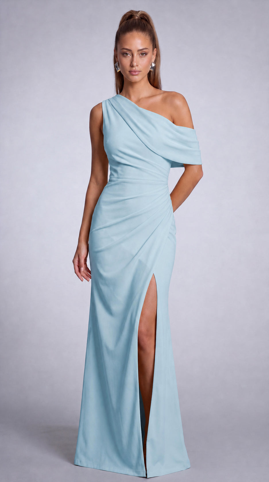 One-Shoulder Draped Ruched Slit Mermaid Maxi Dress – Prom & Evening Gown - Light Blue - View 3