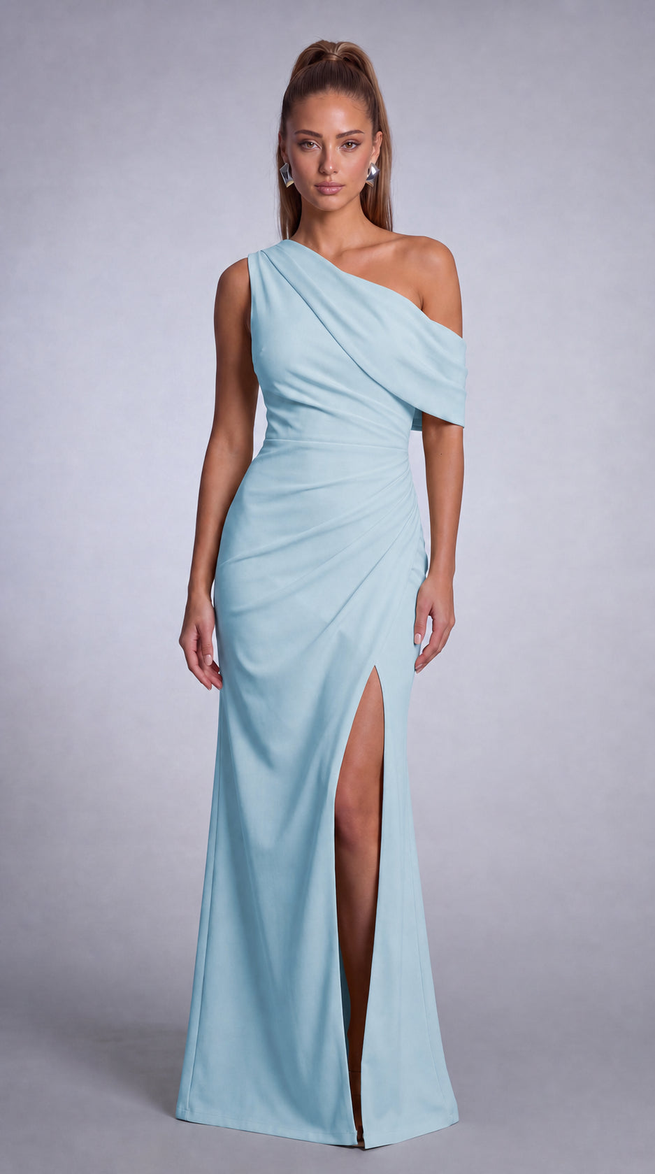 One-Shoulder Draped Ruched Slit Mermaid Maxi Dress – Prom & Evening Gown - Light Blue - View 4