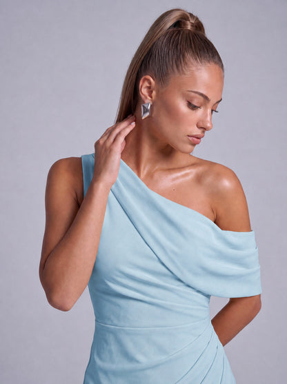 One-Shoulder Draped Ruched Slit Mermaid Maxi Dress – Prom & Evening Gown - Light Blue - View 5