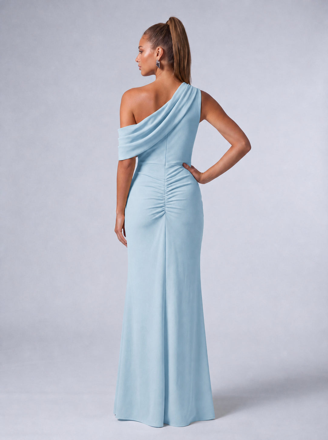 One-Shoulder Draped Ruched Slit Mermaid Maxi Dress – Prom & Evening Gown - Light Blue - View 7