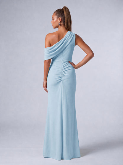 One-Shoulder Draped Ruched Slit Mermaid Maxi Dress – Prom & Evening Gown - Light Blue - View 7