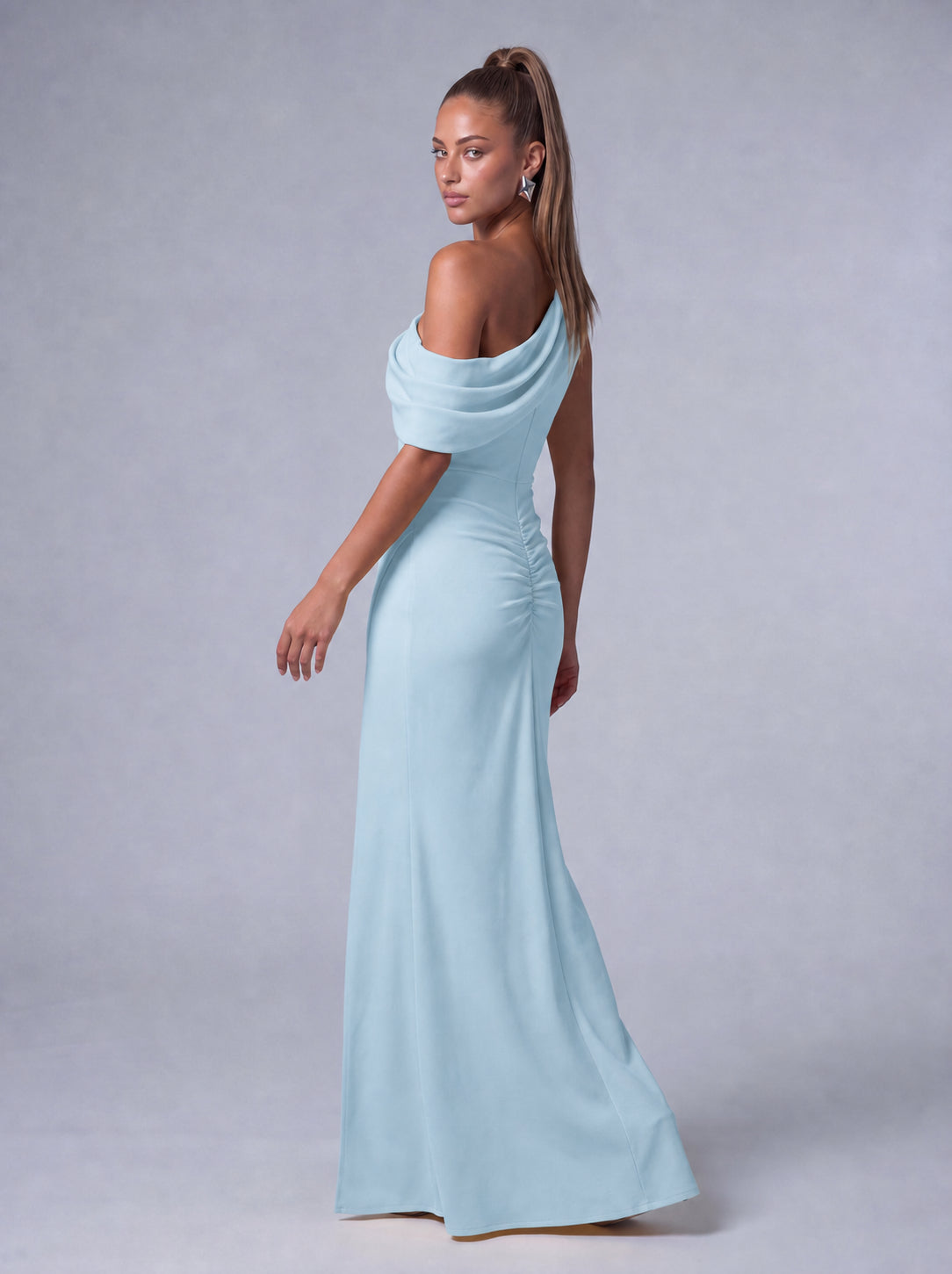 One-Shoulder Draped Ruched Slit Mermaid Maxi Dress – Prom & Evening Gown - Light Blue - View 8