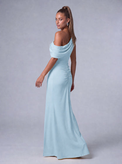 One-Shoulder Draped Ruched Slit Mermaid Maxi Dress – Prom & Evening Gown - Light Blue - View 8