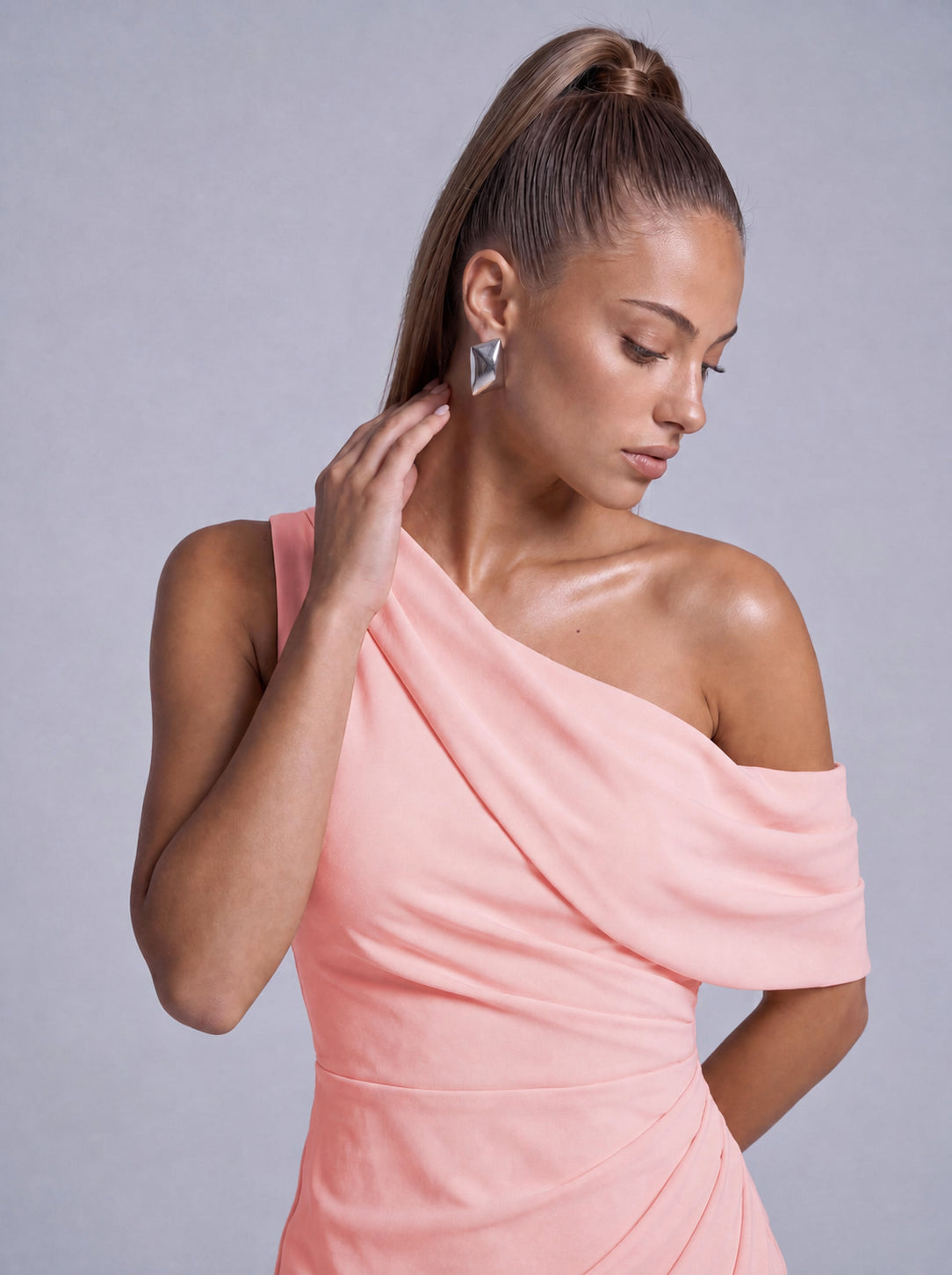 One-Shoulder Draped Ruched Slit Mermaid Maxi Dress – Prom & Evening Gown - Light Pink - View 5