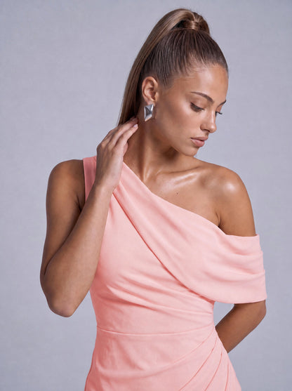 One-Shoulder Draped Ruched Slit Mermaid Maxi Dress – Prom & Evening Gown - Light Pink - View 5