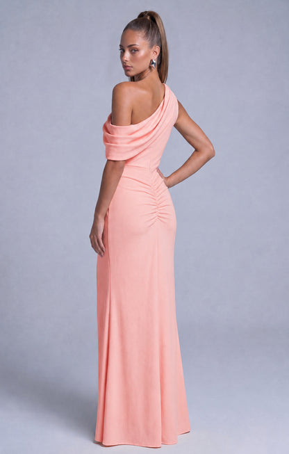 One-Shoulder Draped Ruched Slit Mermaid Maxi Dress – Prom & Evening Gown - Light Pink - View 6