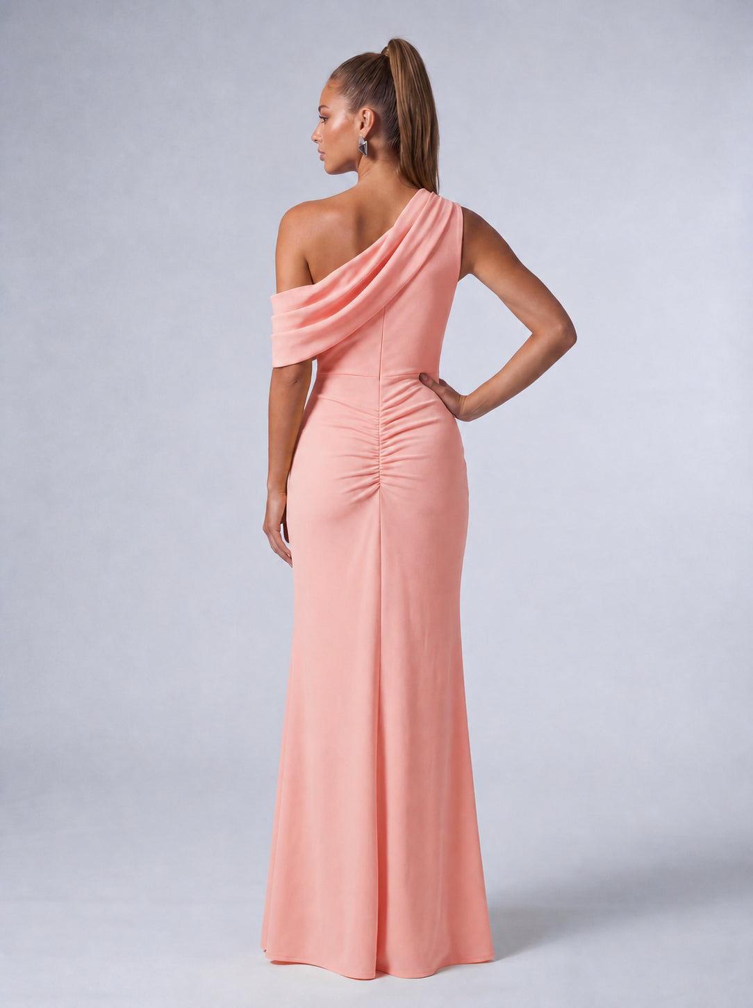 One-Shoulder Draped Ruched Slit Mermaid Maxi Dress – Prom & Evening Gown - Light Pink - View 7