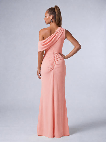 One-Shoulder Draped Ruched Slit Mermaid Maxi Dress – Prom & Evening Gown - Light Pink - View 7